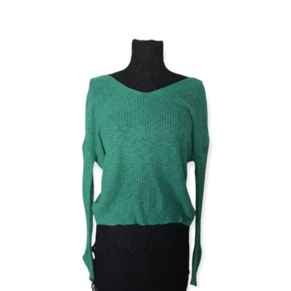 Moon & Madison Green Off The Shoulder Twist Front Sweater - Picture 4 of 10